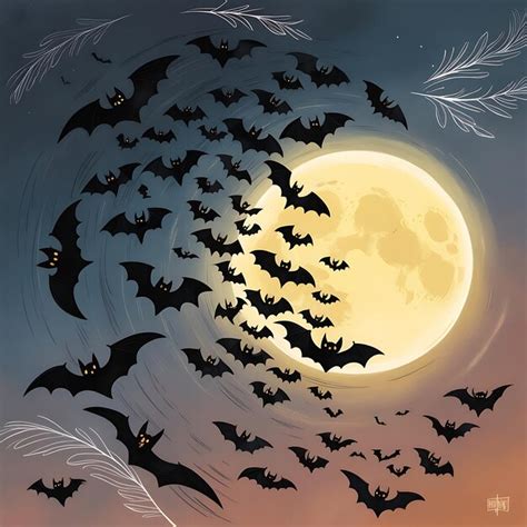 A painting of bats and the moon with the moon in the background ...