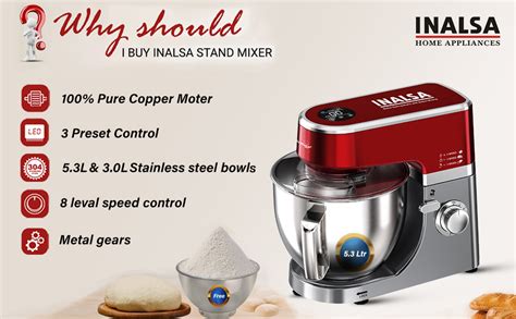 Buy INALSA Stand Mixer 1500W |Digital Preset |100% Pure Copper Motor| 5 ...