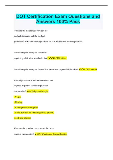 DOT Certification Exam Questions and Answers 100% Pass - Dot - Stuvia US