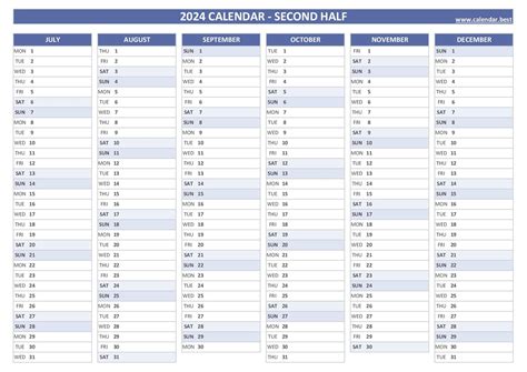 2024 half year calendar to print
