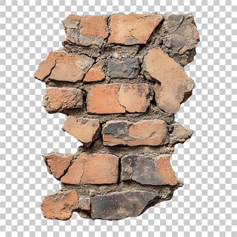Exposed brick wall with crumbling sections on transparent background ...
