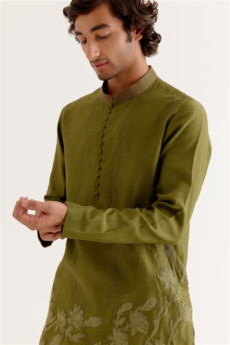Devnaagri - Olive Green Floral Embroidered Chanderi Short Kurta Set