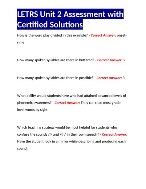 LETRS Unit 2 Assessment with Certified Solutions | Exams Nursing | Docsity