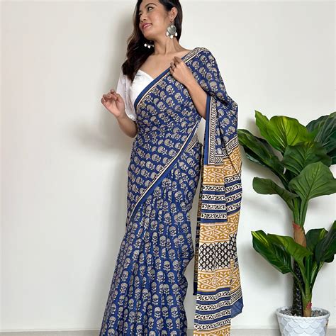 Tales of Blue Earth - Handblock Print Natural Dyed - Mulmul Cotton Sar ...