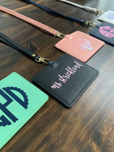 Monogrammed Lanyard With ID Holder, Horizontal Faux Leather Keycard ...