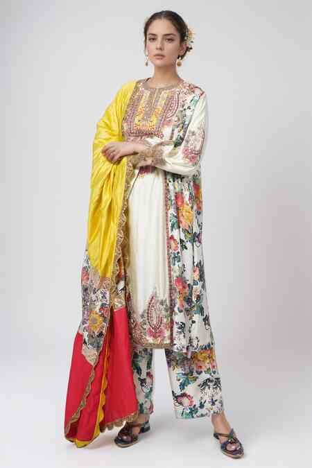 Buy Ivory Cotton Embroidery Split V-neck Floral Print And Kurta Set For ...