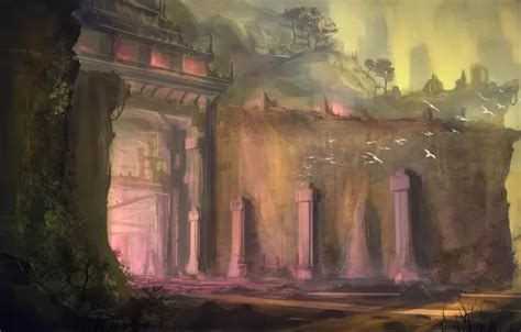 Wallpaper birds, the city, rocks, fantasy, art, columns, fantasy, art ...