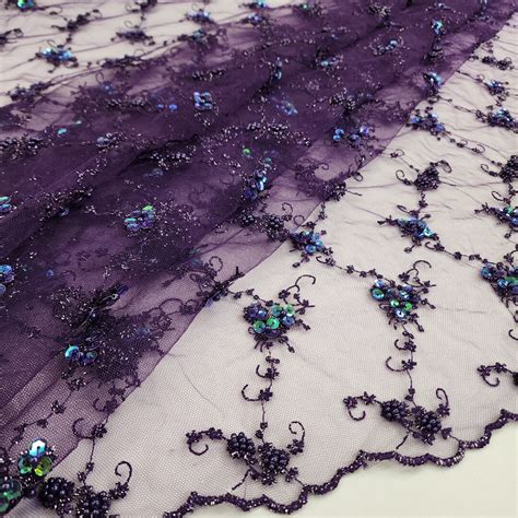 Purple Floral Embroidery With Beads and Sequins on Mesh Lace Fabric by ...