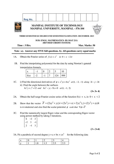 Engineering Mathematics III (MAT 211) RCS - Page 1 of 2 Reg. MANIPAL ...
