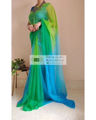 Blue And Green Ombré Dip Dyed Net Saree – kreationbykj