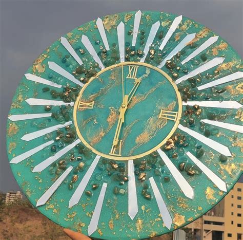 Handmade Wall Clock Golden Finish Acrylic Cutouts with Green Aventurin ...