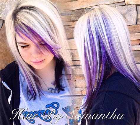 Icy blonde with black underneath and purple peekaboos | Peekaboo hair ...