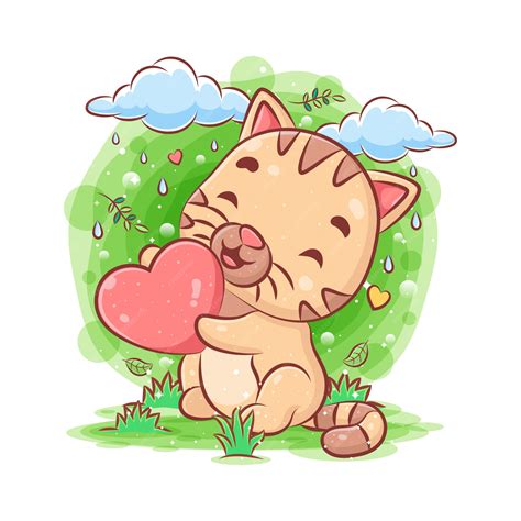 Baby cat in the garden and holding blue heart | Premium Vector