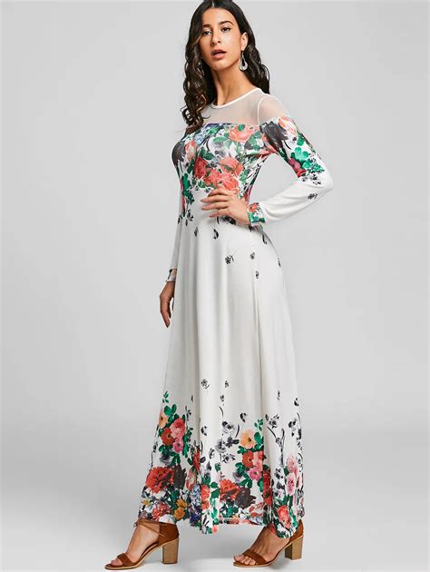 Gamiss Women 2018 Spring Mesh Insert Floral Printed Maxi Dress Casual ...