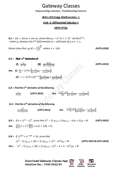 Engg. Mathematics Unit Differential I AKTU PYQs - Gateway Classes - Studocu