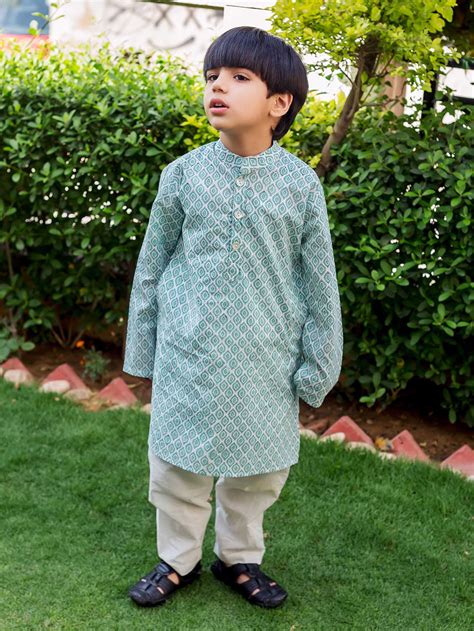 Blue Hand Block Printed Cotton Kurta with Pajama- Set of 2