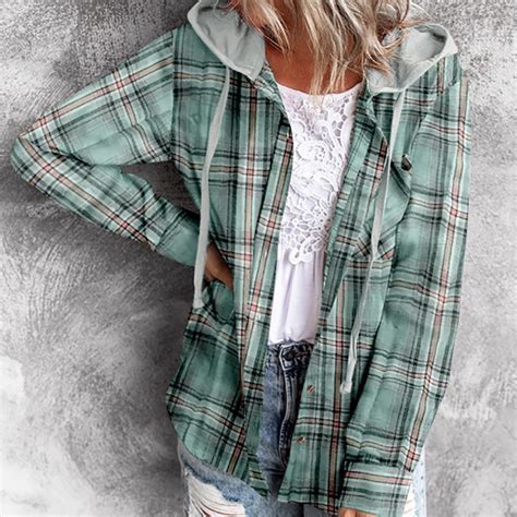 Fanxing Women Plaid Hoodies Shirts Flannel Shacket Jacket Fall Casual ...