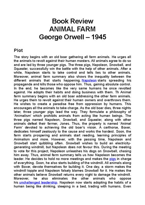 Book Review Animal Farm - Book Review ANIMAL FARM George Orwell – 1945 Plot The story begins ...