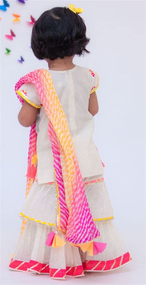 Pre-Order: White Multi Colour Butti Kurti with Sharara– Peony Kids Couture