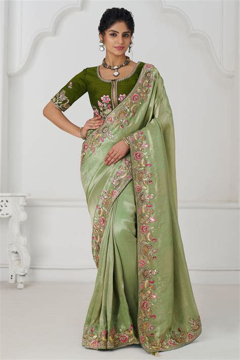 Buy Pista Green Embroidered Border Dola Silk Wear Saree From DLC ...