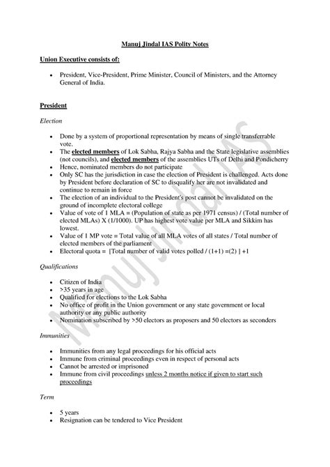 Manuj Jindal IAS Polity Notes - President Election Done by a system of ...