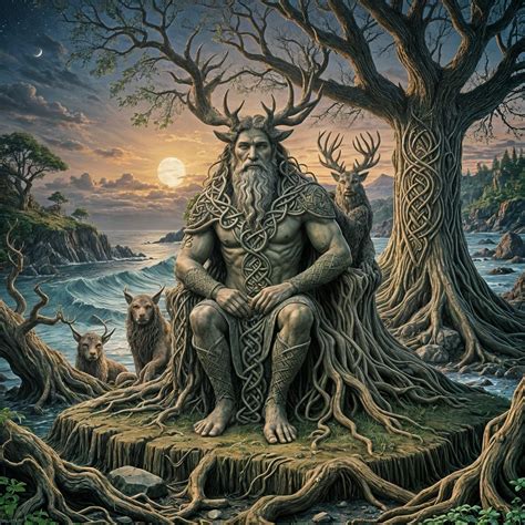Cernunnos, the horned god, sits on a throne of twisted roots and stone ...