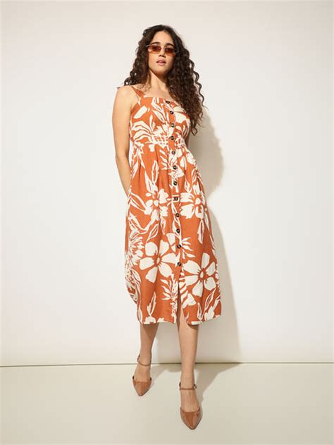 Orange Floral Midi Dress