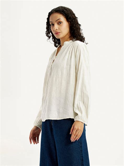 Women's Self Design Off White Mandarin Collar Top – Levis India Store