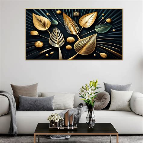 Gold Leaves with Black Background Floating Frame Canvas Painting for W ...