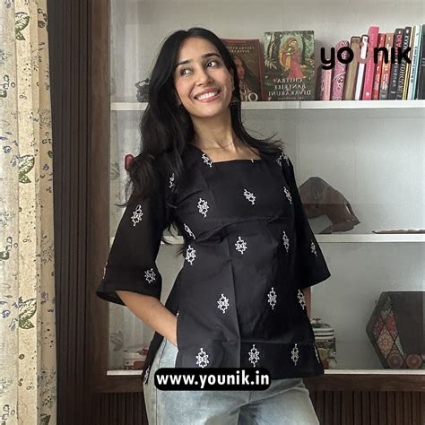 Black Square Neck Embroidered Pure Cotton Short Kurti – YOUNIK