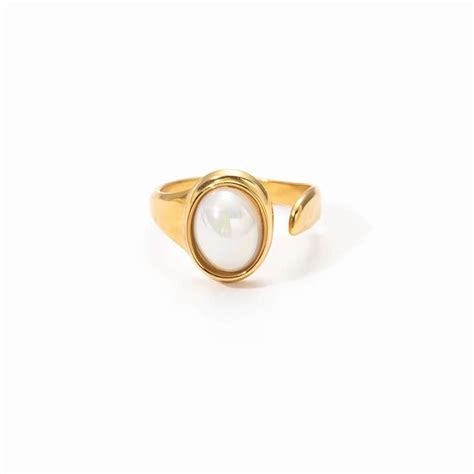 SJ 888 White Pearl Stone Ring Adjustable - 18k Gold PVD plated stainle ...