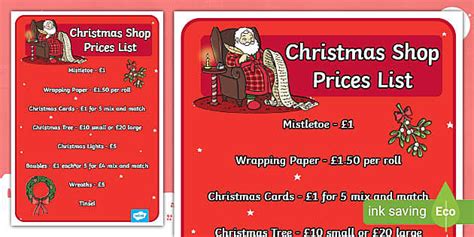 Christmas Shop Role Play Prices List (teacher made) - Twinkl