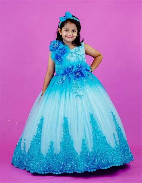 Dark Powder Blue Sequin Gown Online | Kids Frilled Party Wear Online ...