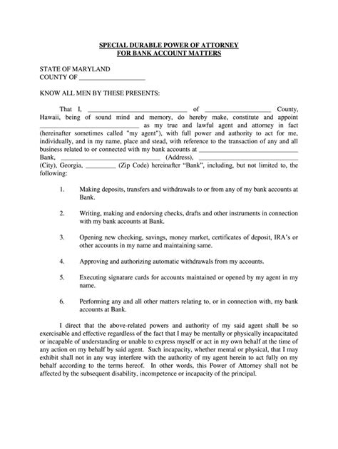Special Durable Power of Attorney for Bank Account Matters - Blank ...