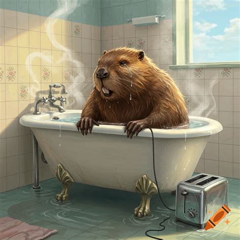 A crying beaver sits in a bathtub with water spilling onto the bathroom ...