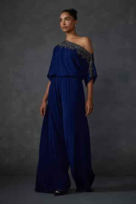 Buy Blue Jersey Embroidery Lattice Hand Embellished Drop Shoulder ...
