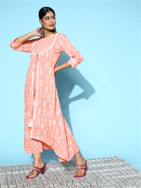 Peach & White Ethnic A-Line Midi Dress freeshipping - Yufta Store