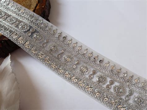 Silver Sequin Embroidered Trim: Floral Vine Sari Border, 9 Yard Long ...