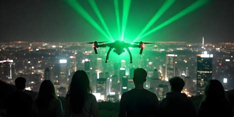 Futuristic drone emitting green laser beams over city skyline at night ...