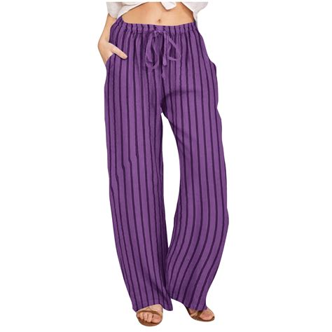 Women's Striped Purple Pants Loose Fit Wide Leg High Waist Pants ...