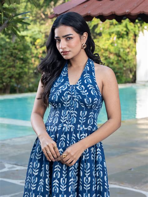 Indigo Blue HandBlock Printed Long Halter Dress for Women | SilayiBazi
