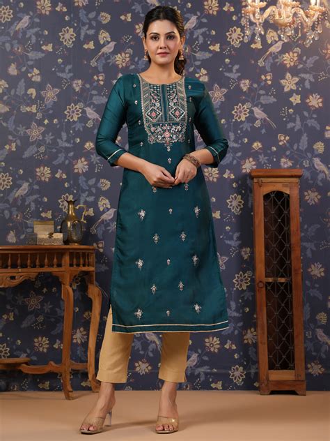 Teal Ethnic Motifs Embroidered Straight Kurtas – Buy Best Ethnic Wear ...