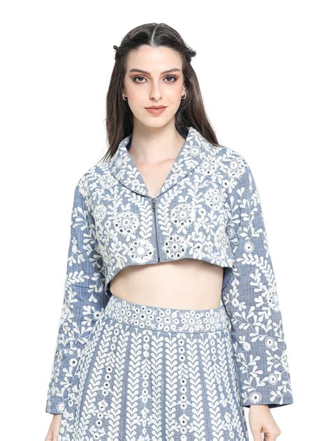 Blue khaadi mirror embroidered kalidar skirt with embroidered top