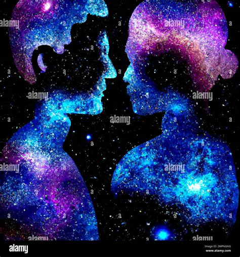Man and Woman silhouettes at abstract cosmic background. Human souls ...