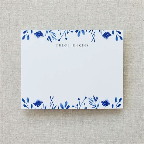 Blue Floral Blank or Personalized Stationery, Original Watercolor Set ...