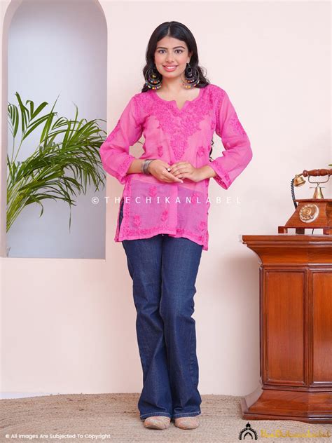 Rajia Kota Cotton Chikankari Short Top - Trending Pink Kurta for Women