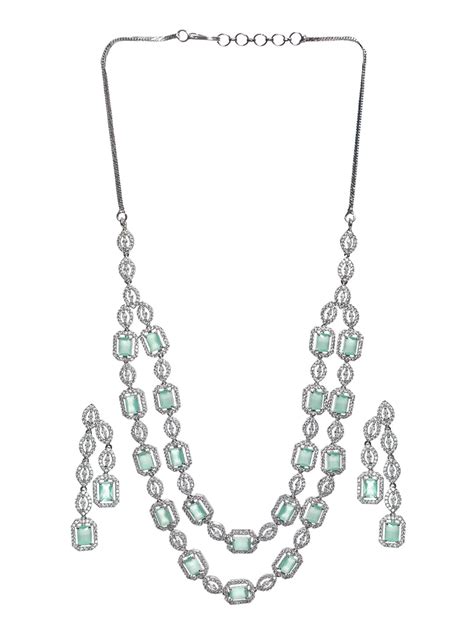 Priyaasi Mint Green Silver Plated AD Studded Dual-Layered Jewellery Se