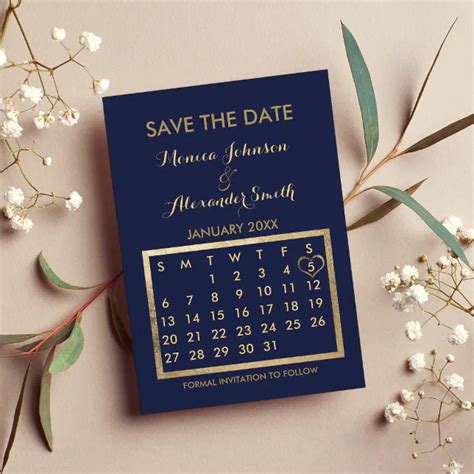 Luxury navy Blue Gold Calendar Save the Date Announcement Postcard | Zazzle