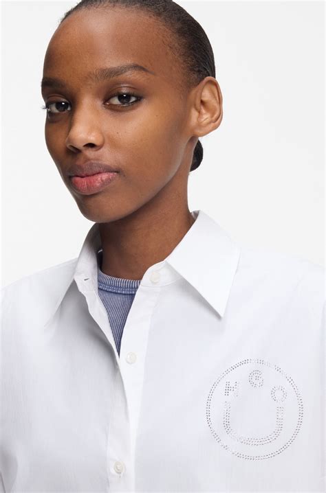 HUGO - Oversized-fit blouse with rhinestone Happy HUGO logo - White