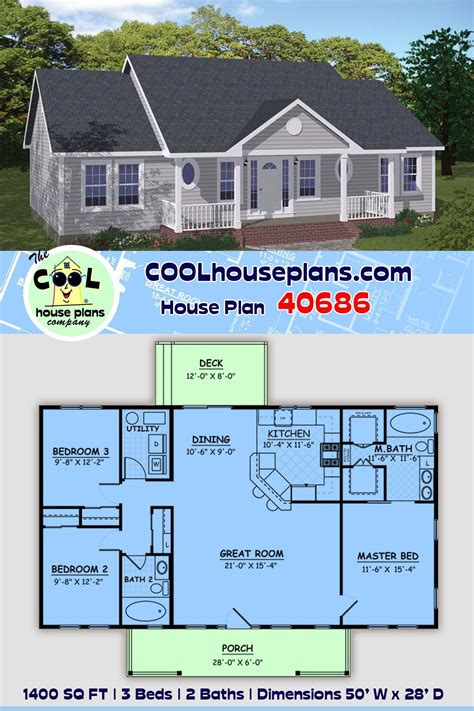 Small house plan or ranch floor plan 1400 sq ft 3 bedrooms and 2 full ...